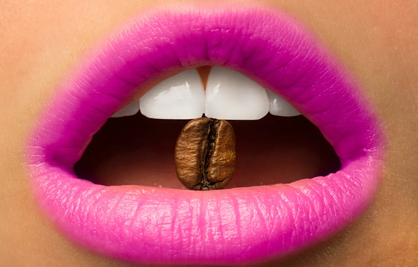 Фото обои зерно, кофе, зубы, рот, помада, губы