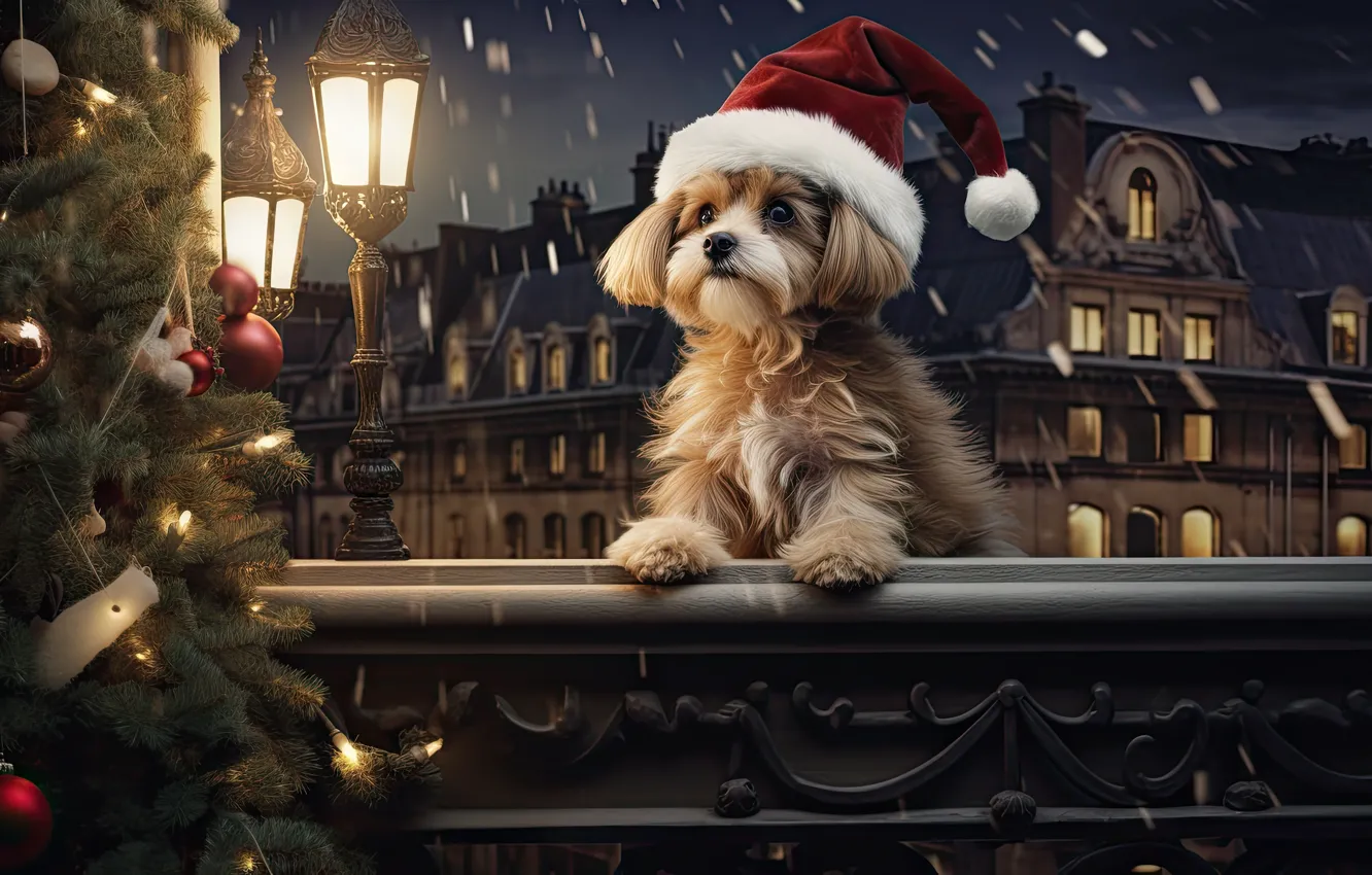 Фото обои взгляд, огни, собака, Рождество, Новый год, мордашка, боке, новогодние украшения