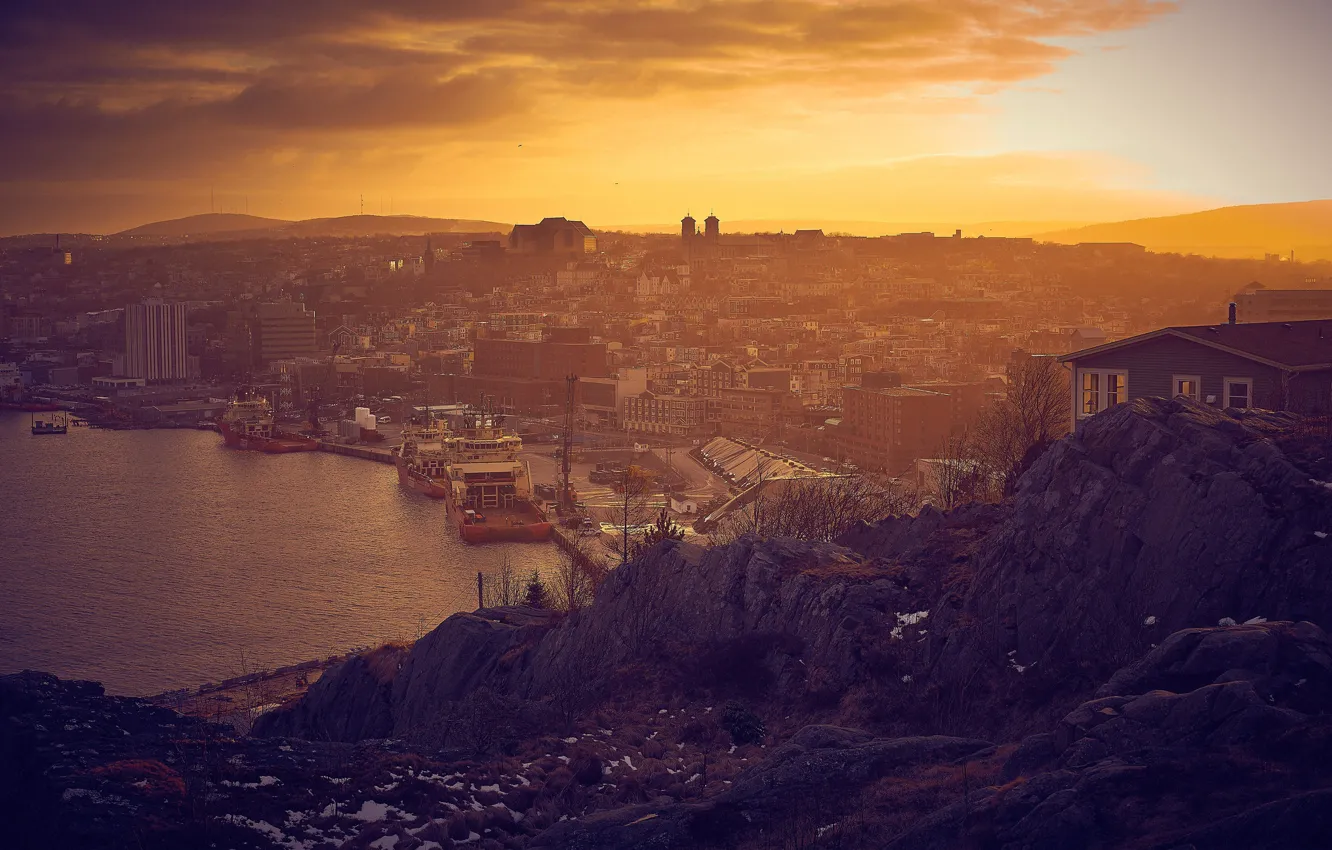 Фото обои Canada, twilight, sunset, dusk, cityscape, Newfoundland and Labrador, St. John's, harbos