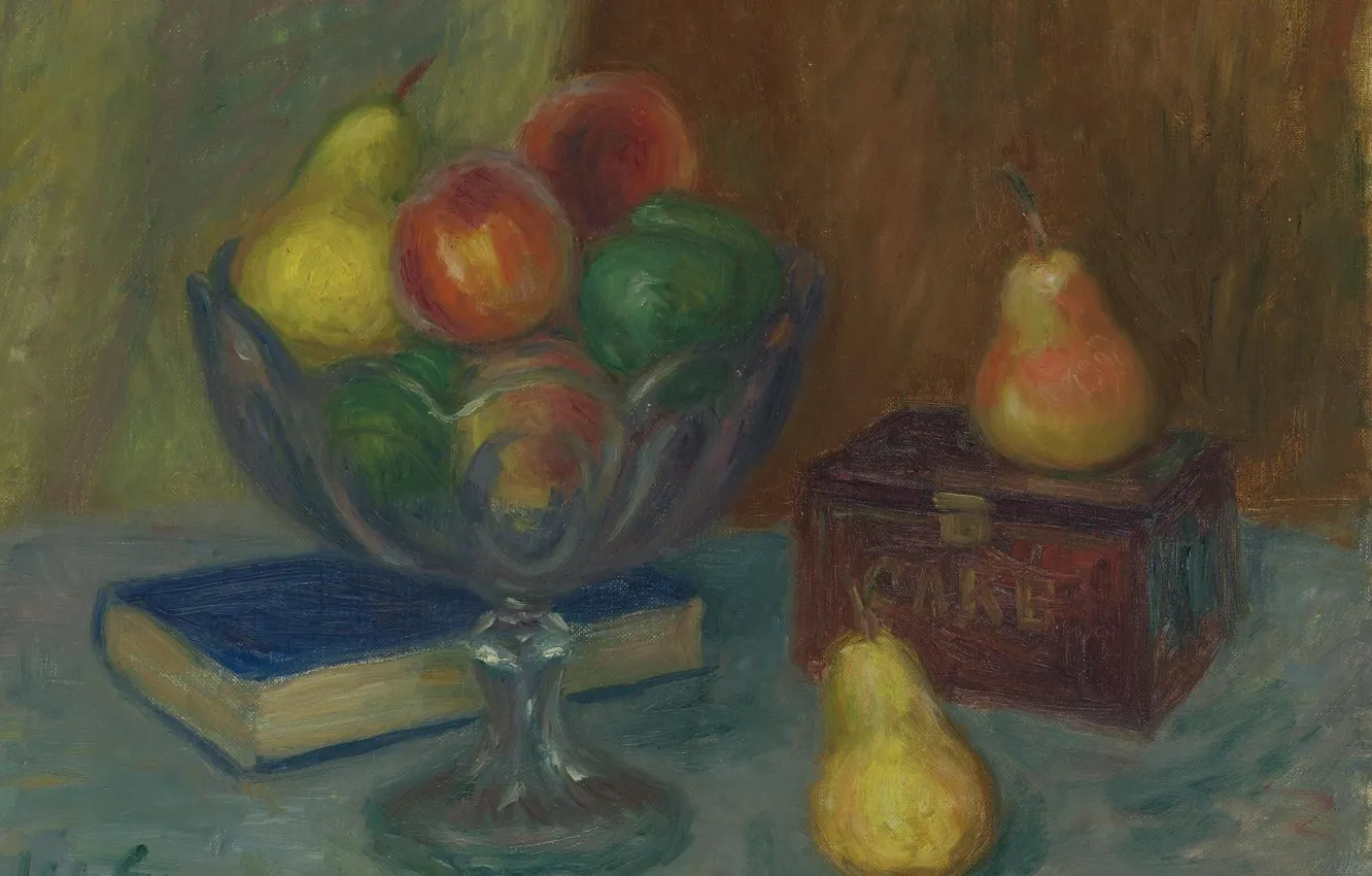 Фото обои картина, книга, ваза, фрукты, Уильям Глакенс, William James Glackens, Натюрморт с Японской Шкатулкой
