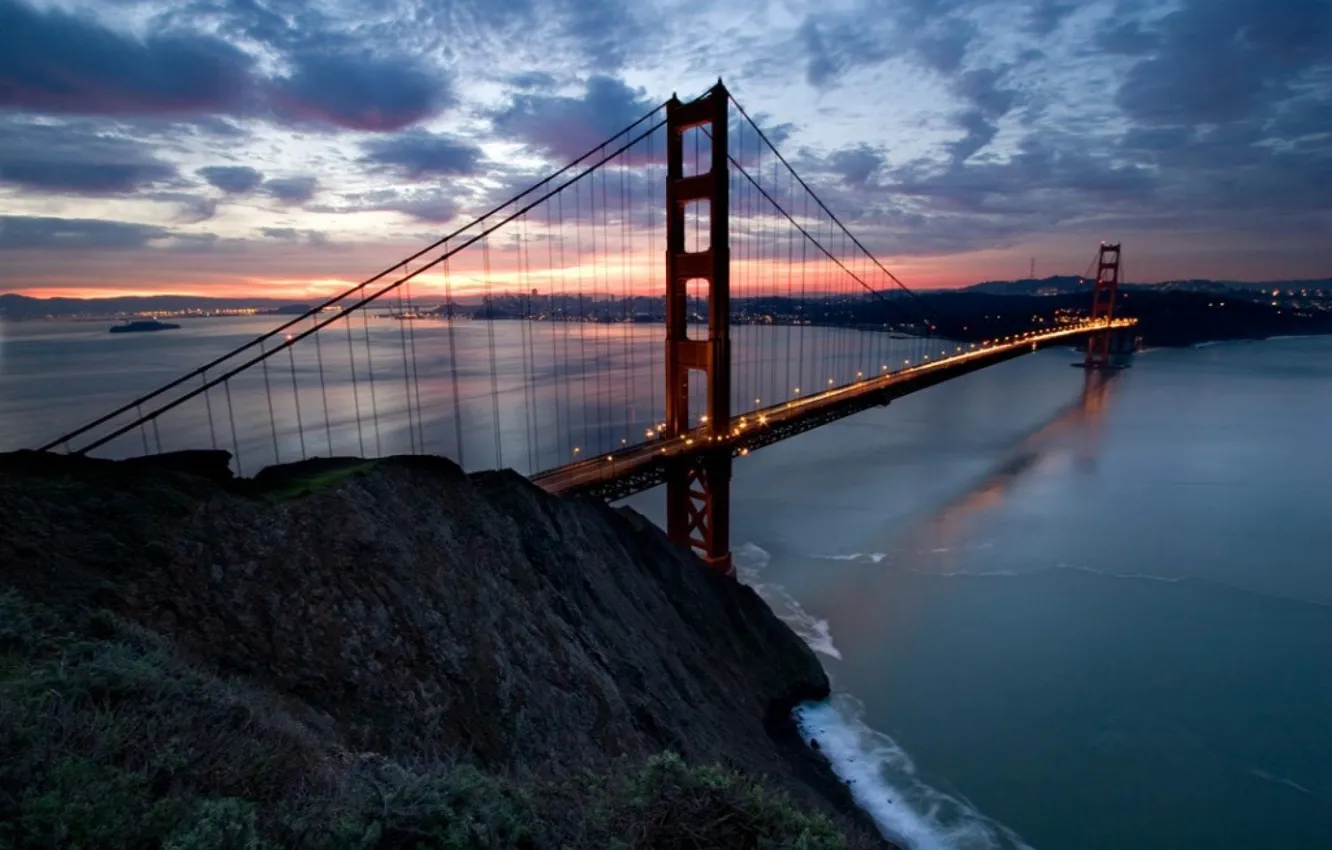 Фото обои мост, река, рассвет, залив, золотые ворота, америка, сан франциско