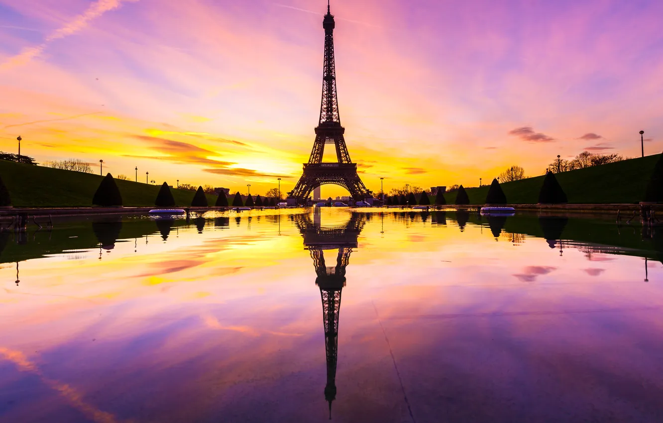 Фото обои отражение, Франция, Париж, зарево, Эйфелева башня
