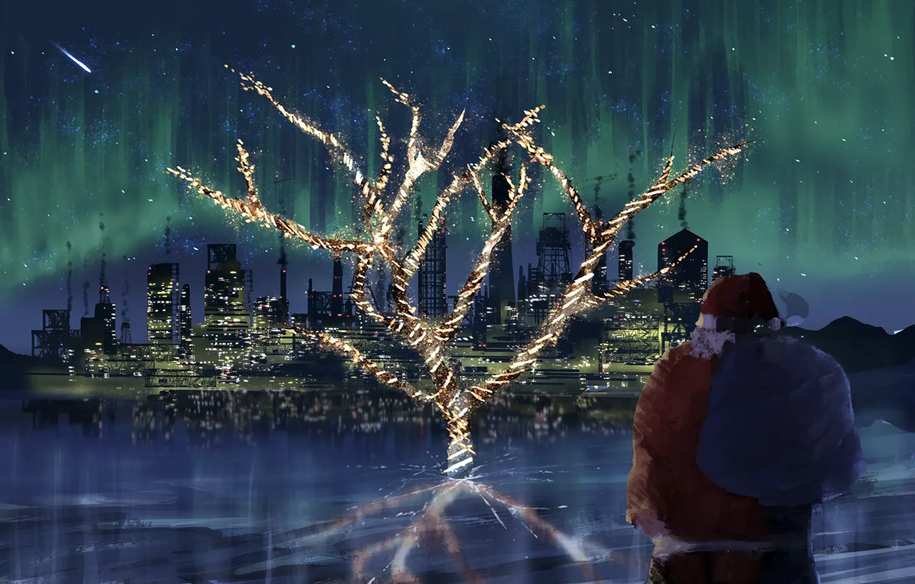 Фото обои ночь, город, дерево, рождество, Санта-Клаус