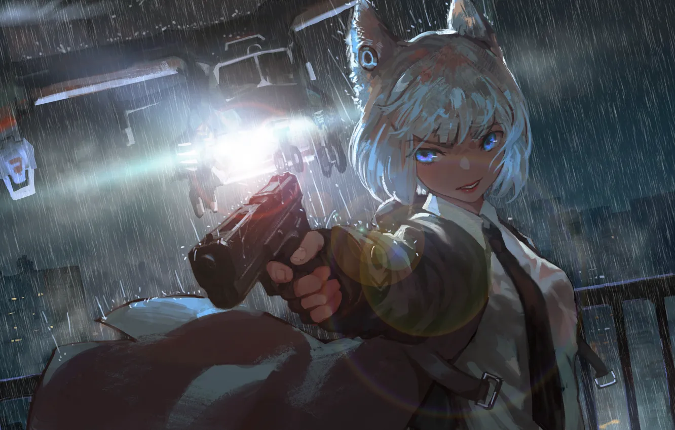 Фото обои Девушка, Пистолет, Дождь