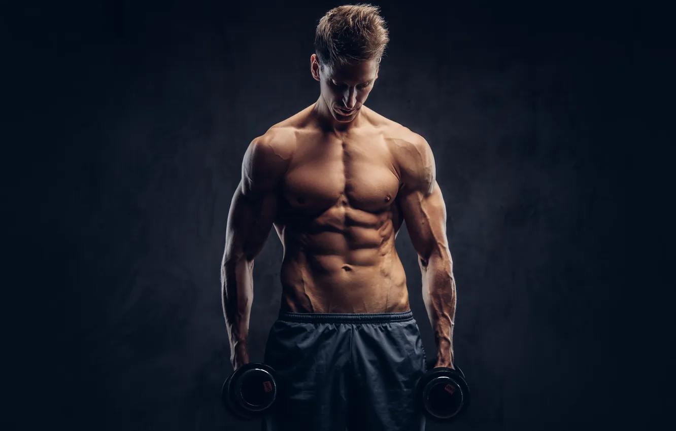 Фото обои фигура, muscle, мышцы, пресс, pose, гантели, бодибилдер, abs