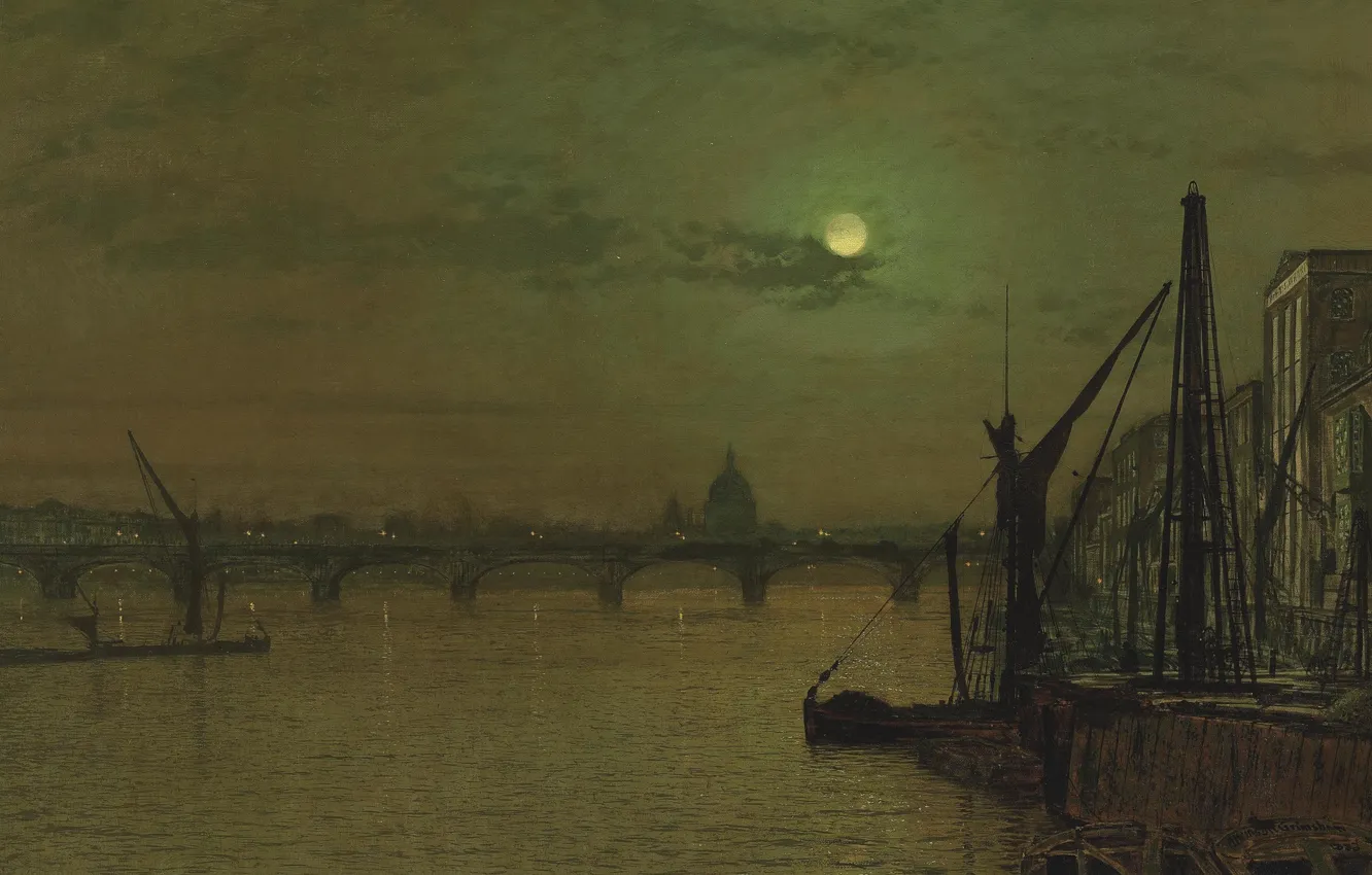 Фото обои река, картина, городской пейзаж, Джон Эткинсон Гримшоу, John Atkinson Grimshaw, Мост Ватерлоо. Лондон. Взгляд с …