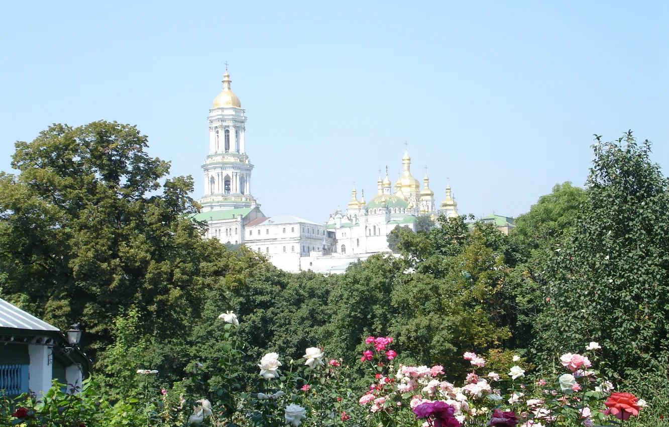 Фото обои лето, небо, розы, Киев, Киево - Печерская лавра