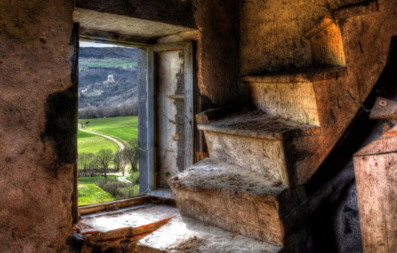 Фото обои вид, окно, лестница