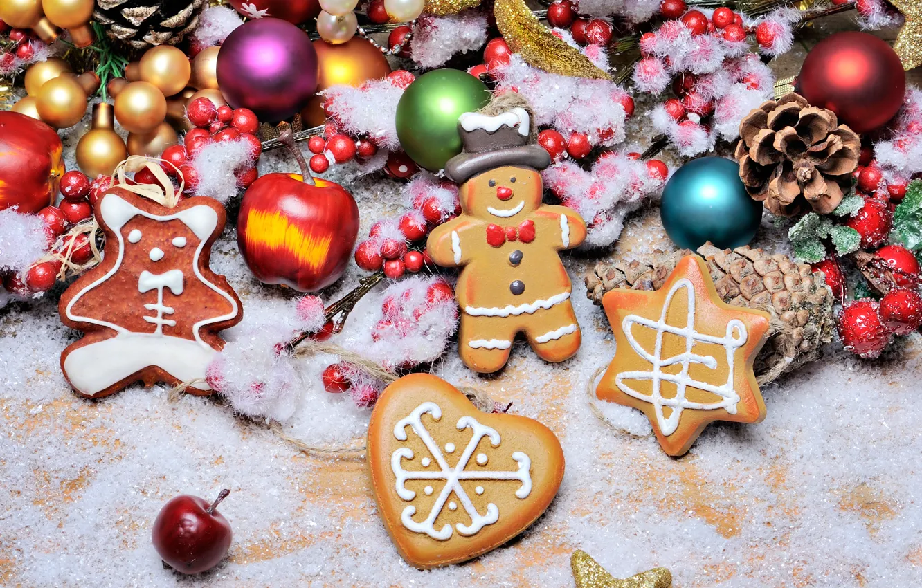 Фото обои снег, украшения, шары, Новый Год, Рождество, Christmas, Xmas, cookies