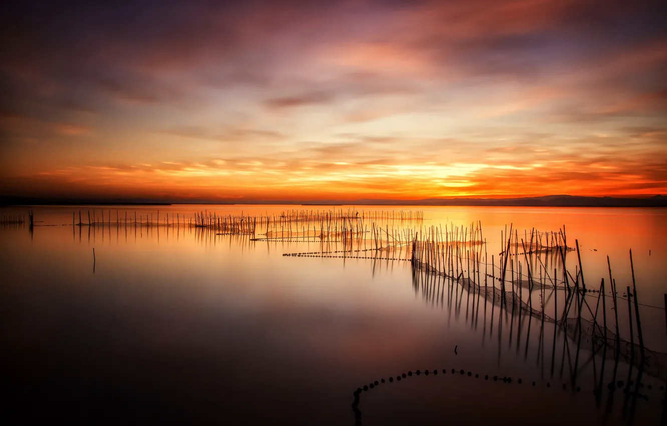 Фото обои twilight, sunset, lake, evening, dusk, reflection, fishing net