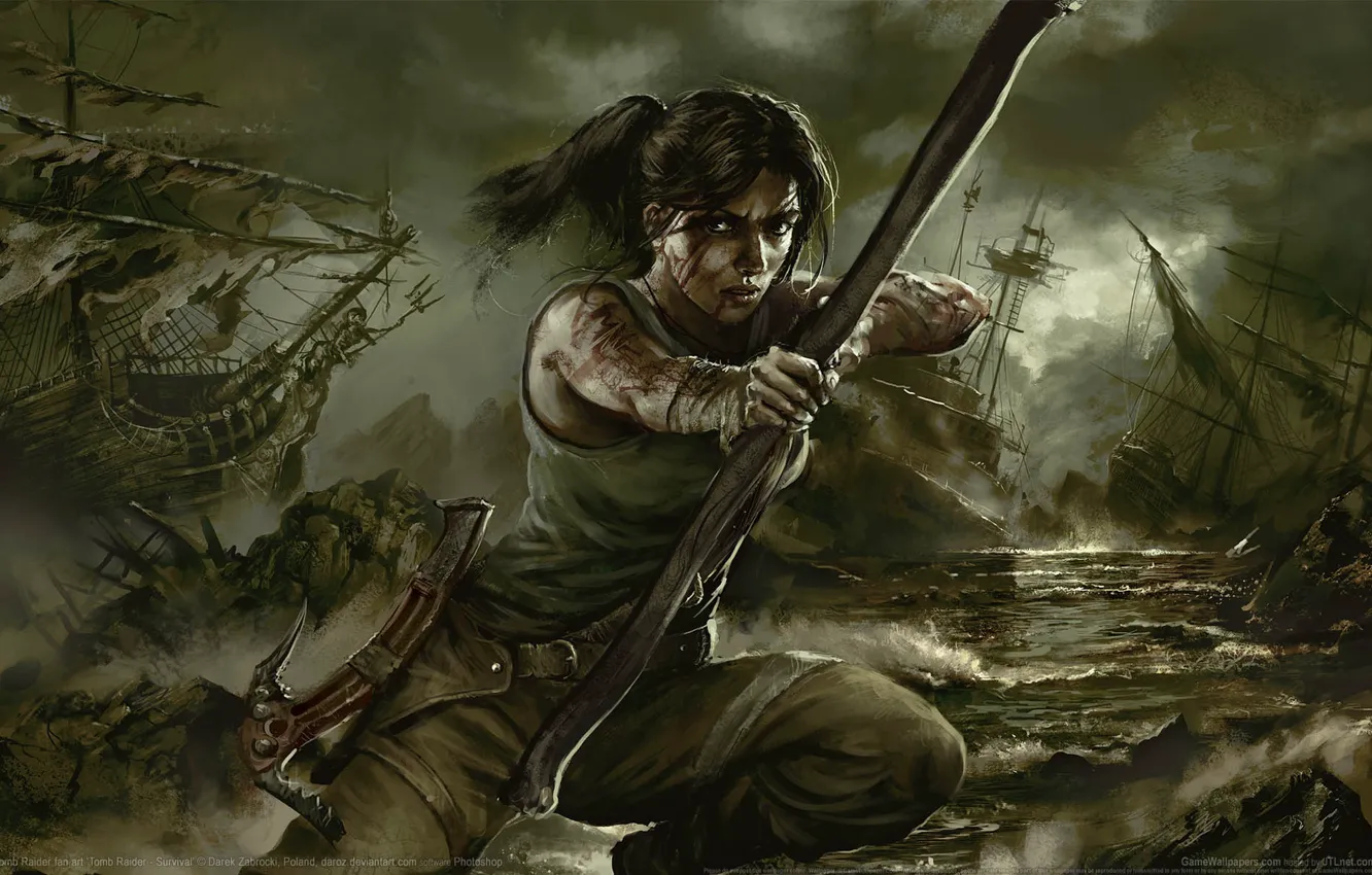 Фото обои оружие, корабли, лук, Tomb Raider, Лара Крофт, стрелы, game wallpapers, Lara Croft