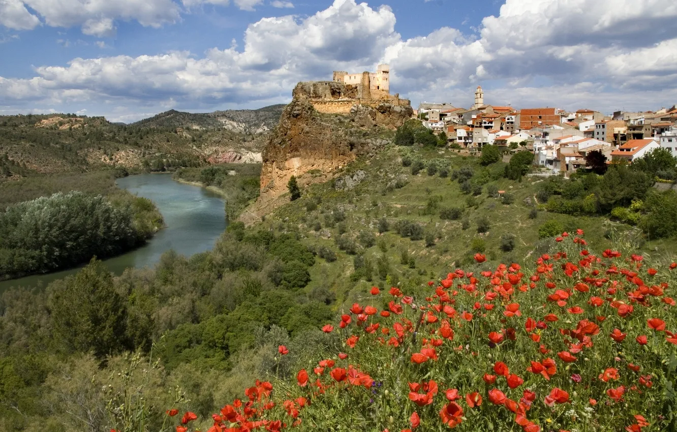 Фото обои река, маки, деревня, Испания, Spain, Valencia, Валенсия, Cofrentes