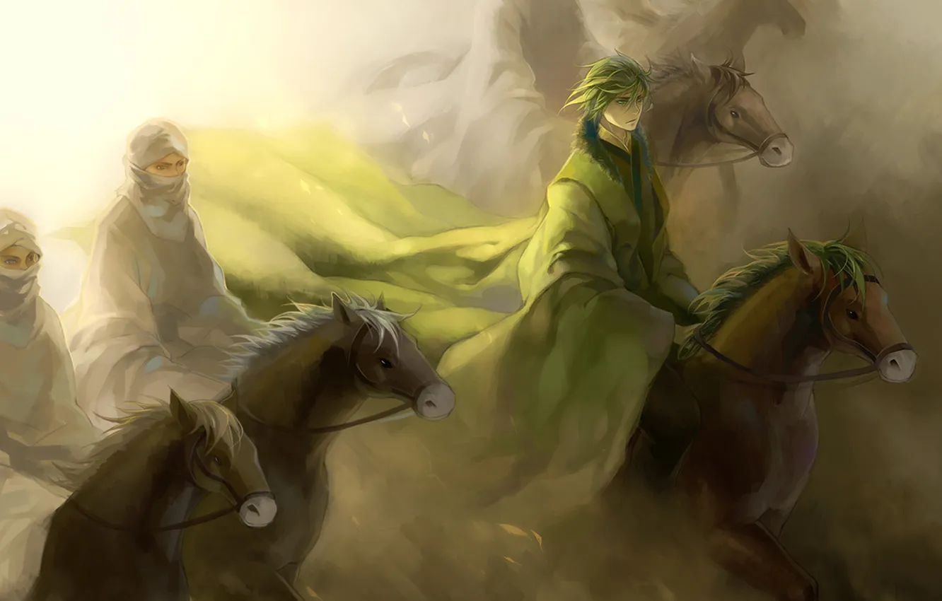 Фото обои зеленый, лошади, Воины, маски, всадники