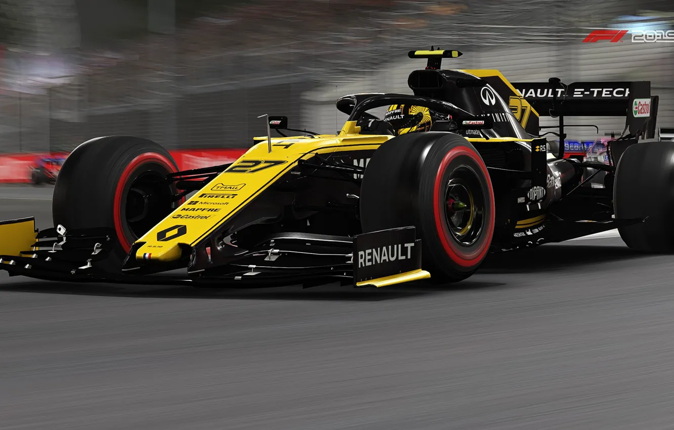 Фото обои жёлтый, трасса, вид сбоку, гоночный автомобиль, F1 2019, Renault R.S.19