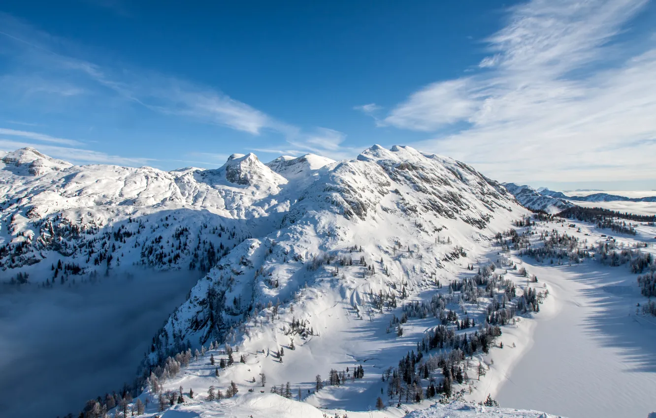 Фото обои зима, солнце, снег, горы, панорама