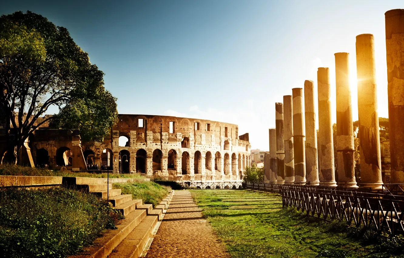 Фото обои солнце, свет, Рим, Колизей, Италия, колонны, ступеньки, архитектура