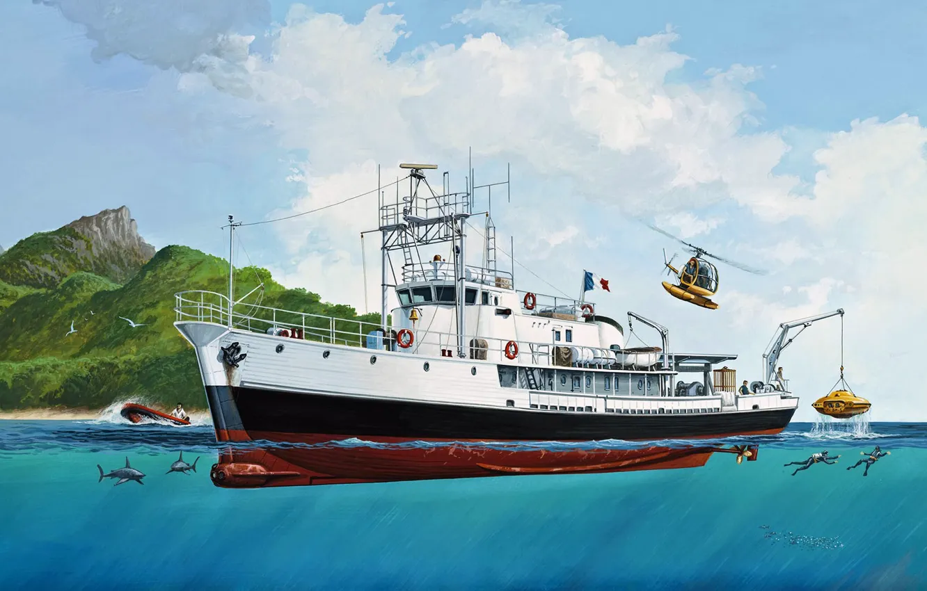Фото обои корабль, Жак-Ив Кусто́, Calypso, Капитан Кусто, Калипсо
