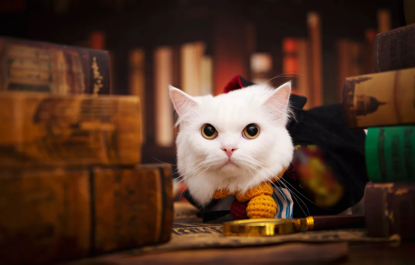 Фото обои кошка, белый, кот, взгляд, поза, книги, лежит, белая