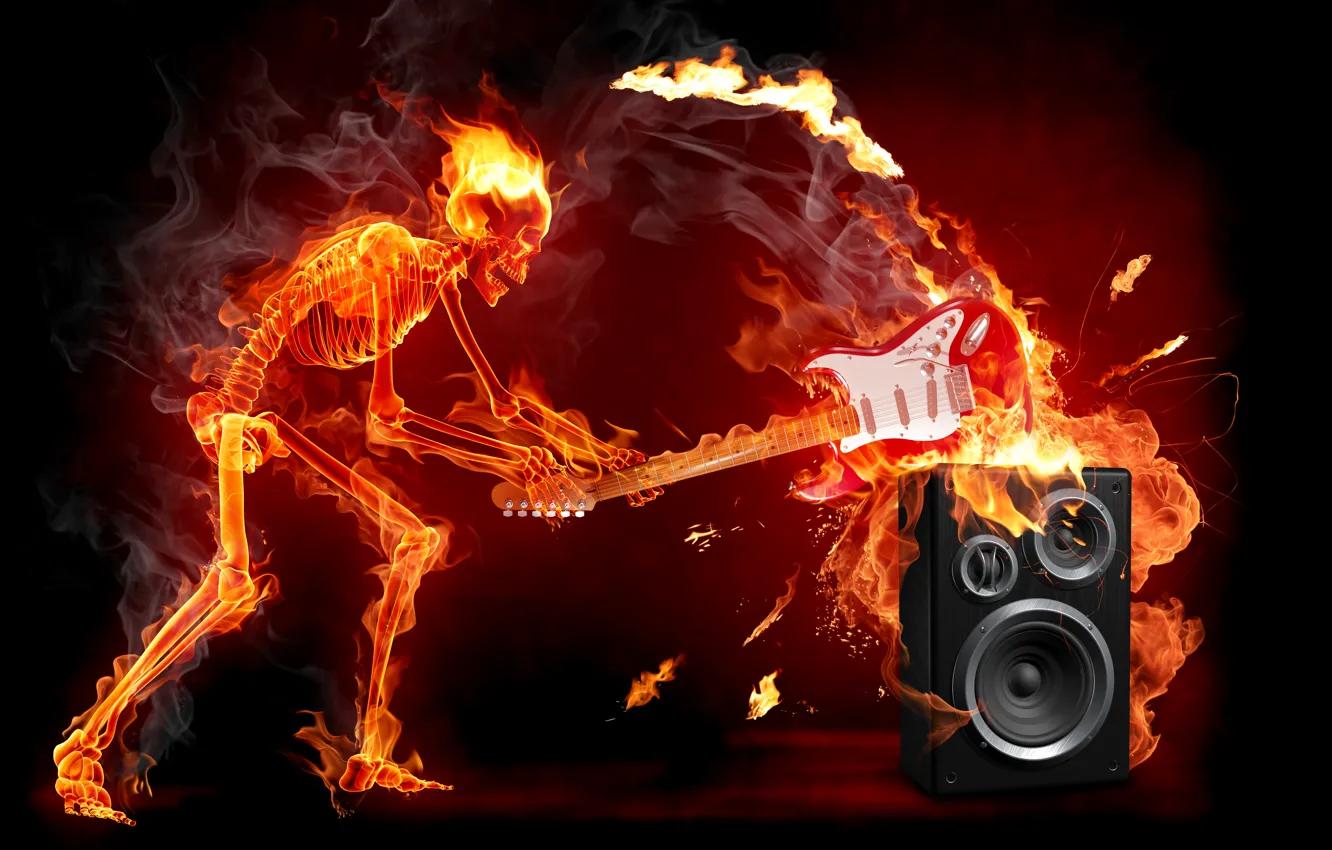 Фото обои огонь, гитара, скелет, рок
