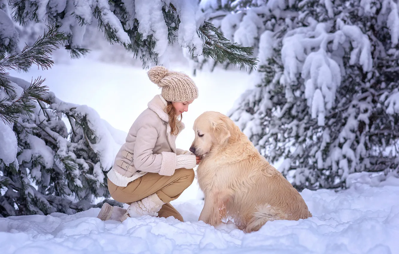 Фото обои зима, снег, собака, девочка, друзья, Виктория Дубровская