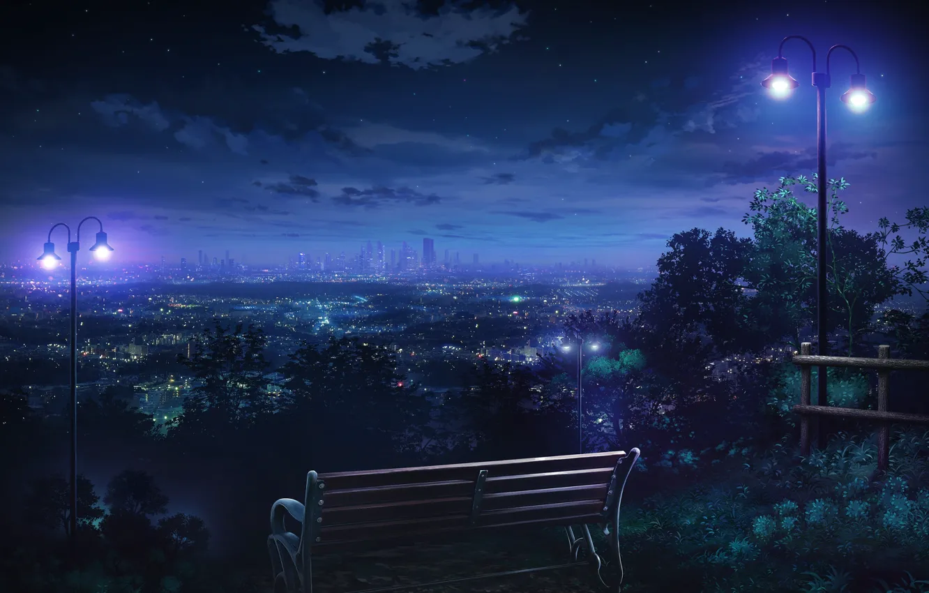 Фото обои небо, звезды, облака, скамейка, ночь, город, огни, дома