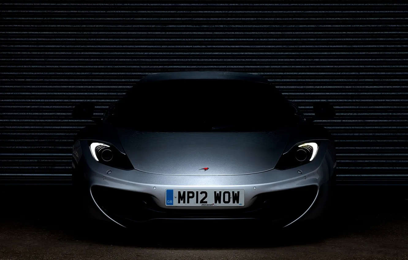 Фото обои McLaren, серебристый, Макларен, MP4-12C, передок, свет фар, silvery, ролеты