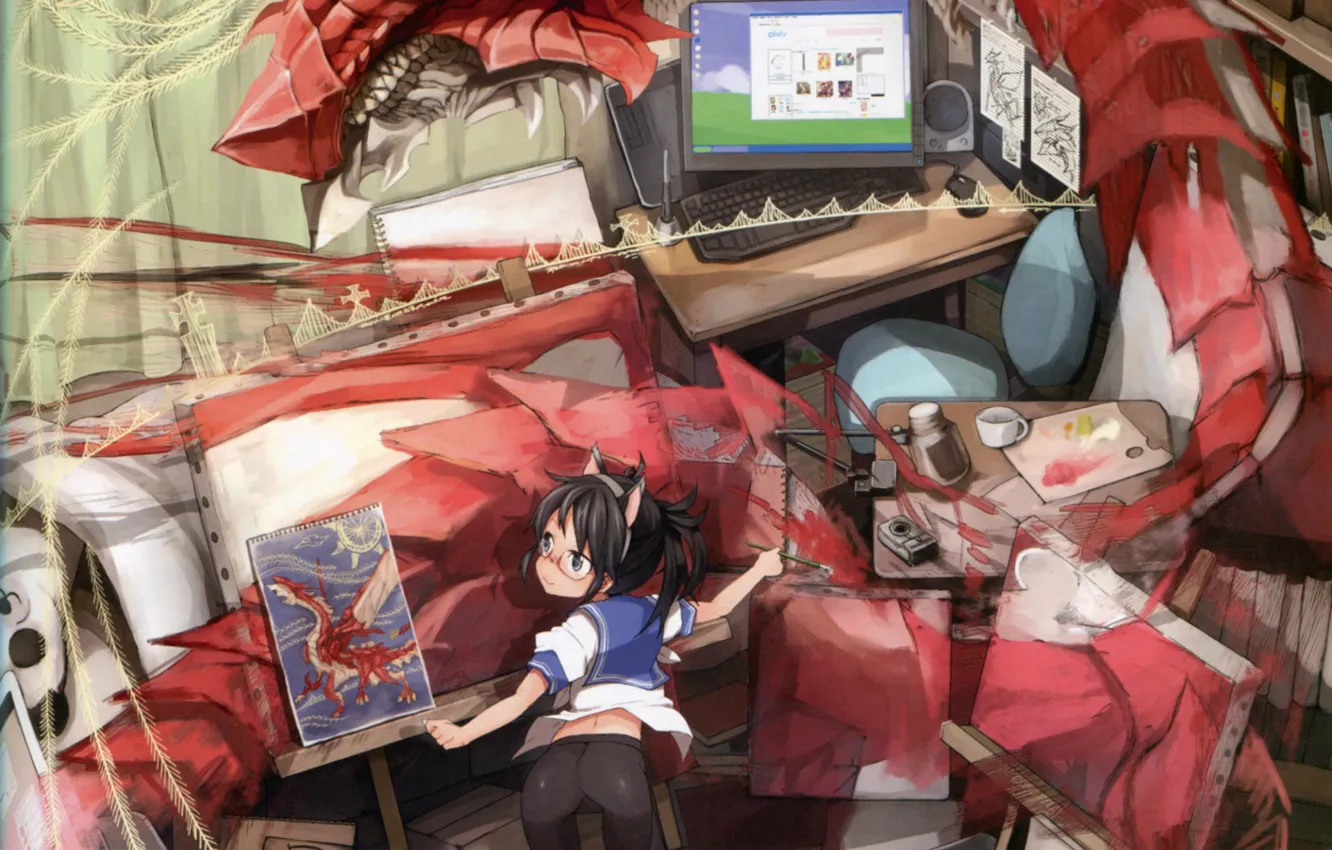 Фото обои компьютер, стол, дракон, книги, очки, девочка, альбом, палитра