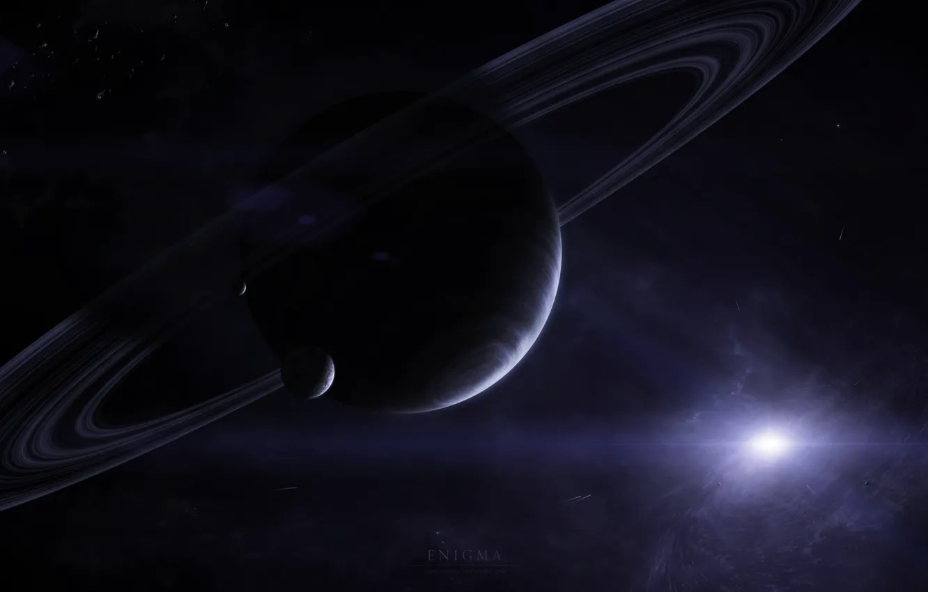 Фото обои звезда, планета, кометы, спутники, газовый гигант, кольца. астероиды, энигма
