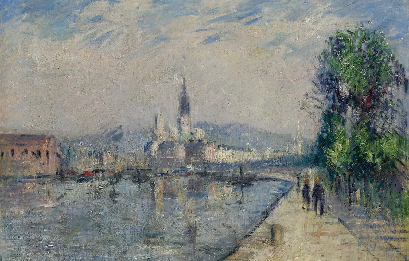 Фото обои река, картина, городской пейзаж, Гюстав Луазо, Gustave Loiseau, Руан. Берега Сены
