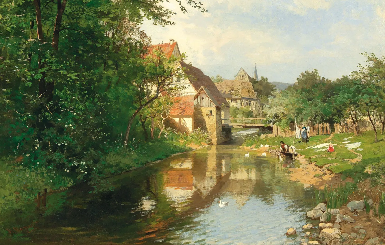 Фото обои 1874, австрийский живописец, Austrian landscape painter, oil on canvas, Hugo Darnaut, Деревня у реки, Хьюго …