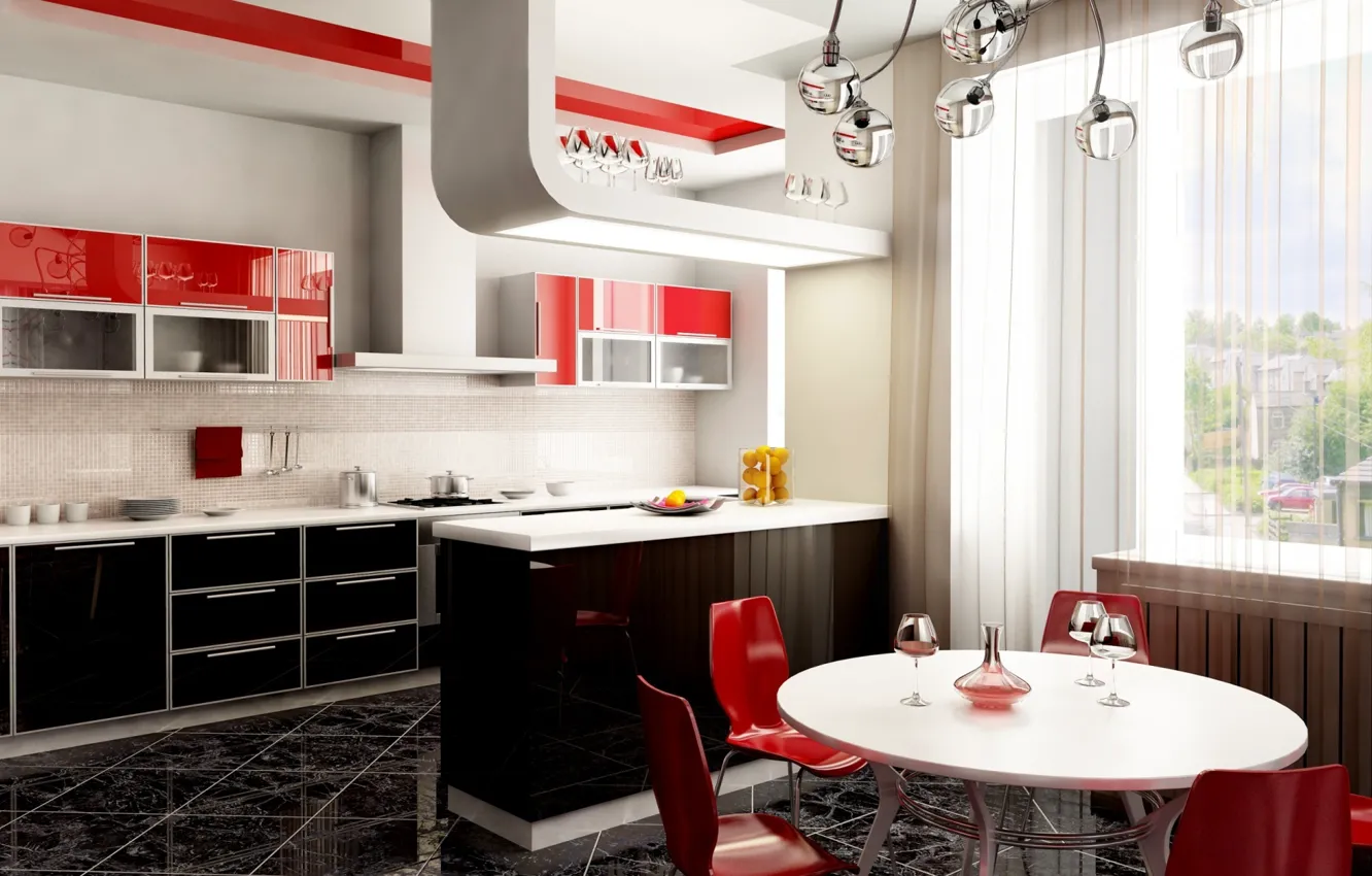 Фото обои дизайн, стиль, стол, красное, стулья, бокалы, окно, кухня