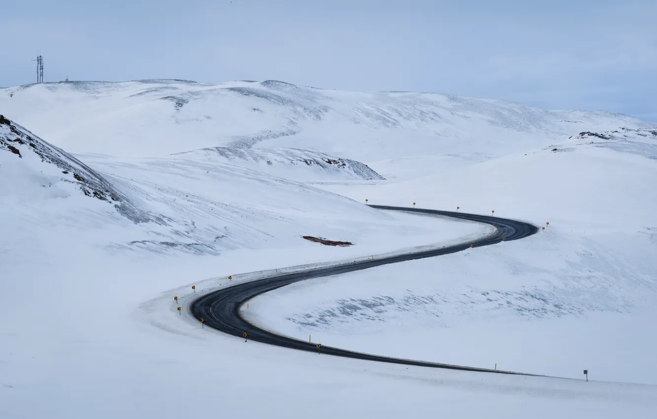 Фото обои зима, дорога, снег, пейзаж, горы