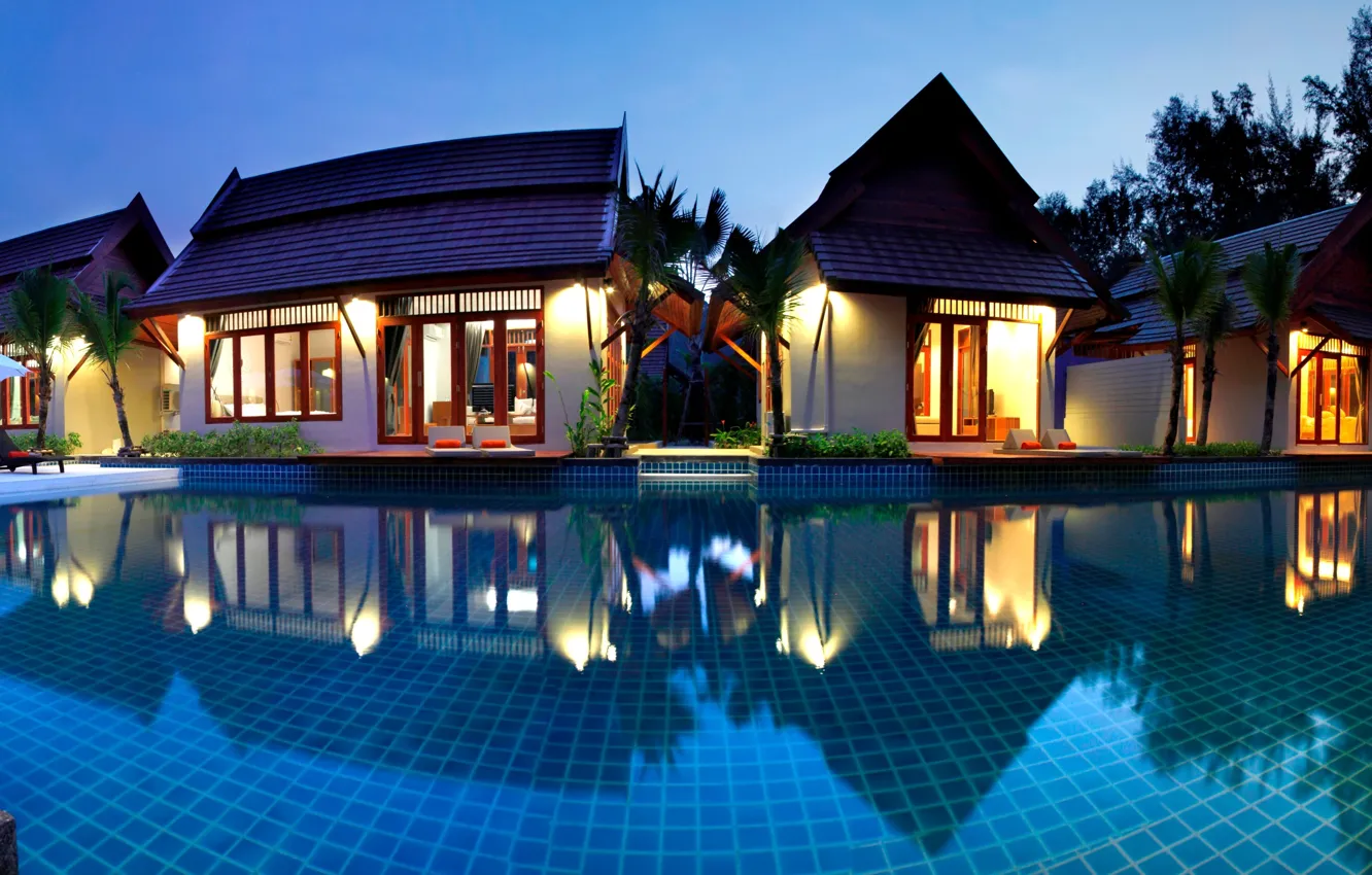 Фото обои пальмы, вечер, бассейн, Phuket, курорт