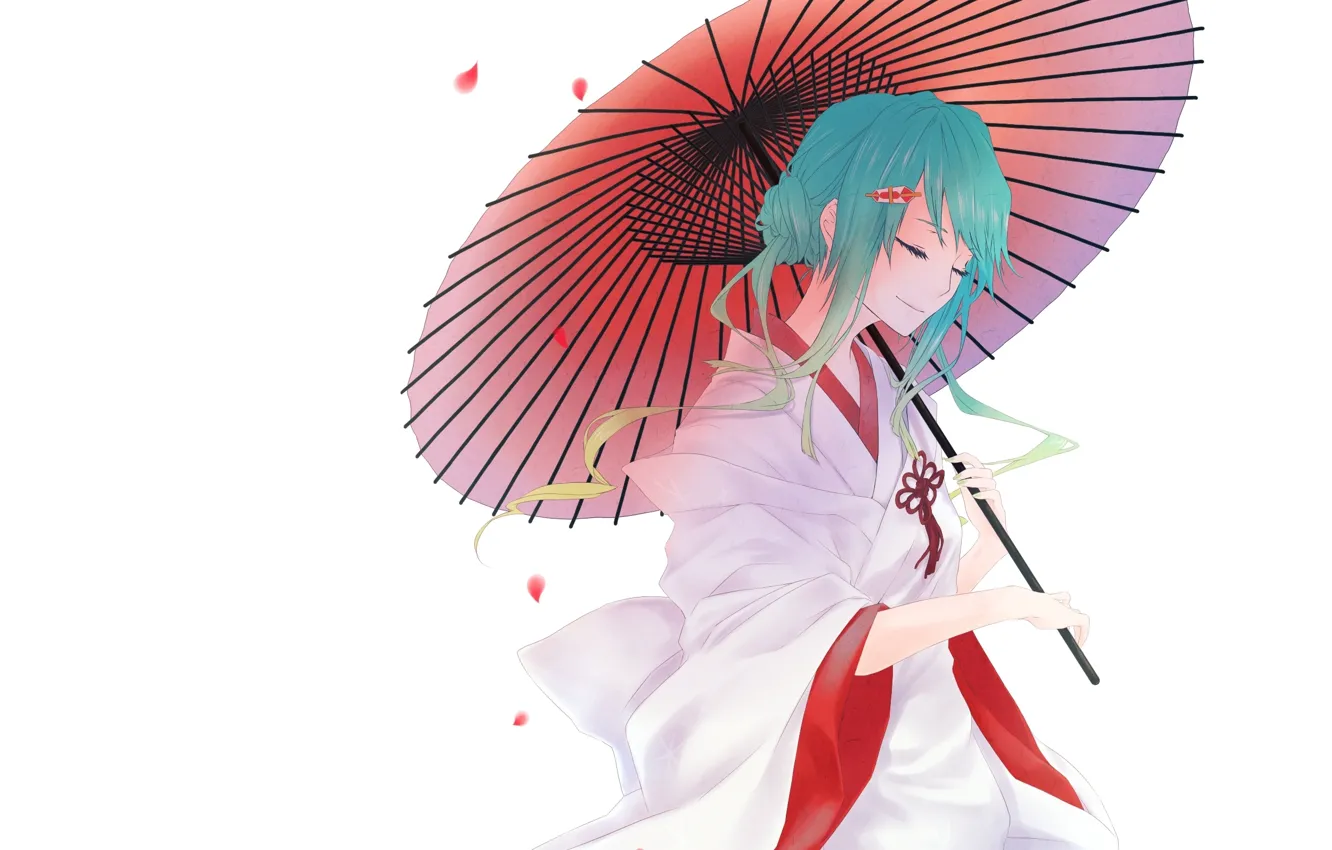 Фото обои зонт, лепестки, белый фон, кимоно, vocaloid, Hatsune Miku, вокалоид, голубые волосы