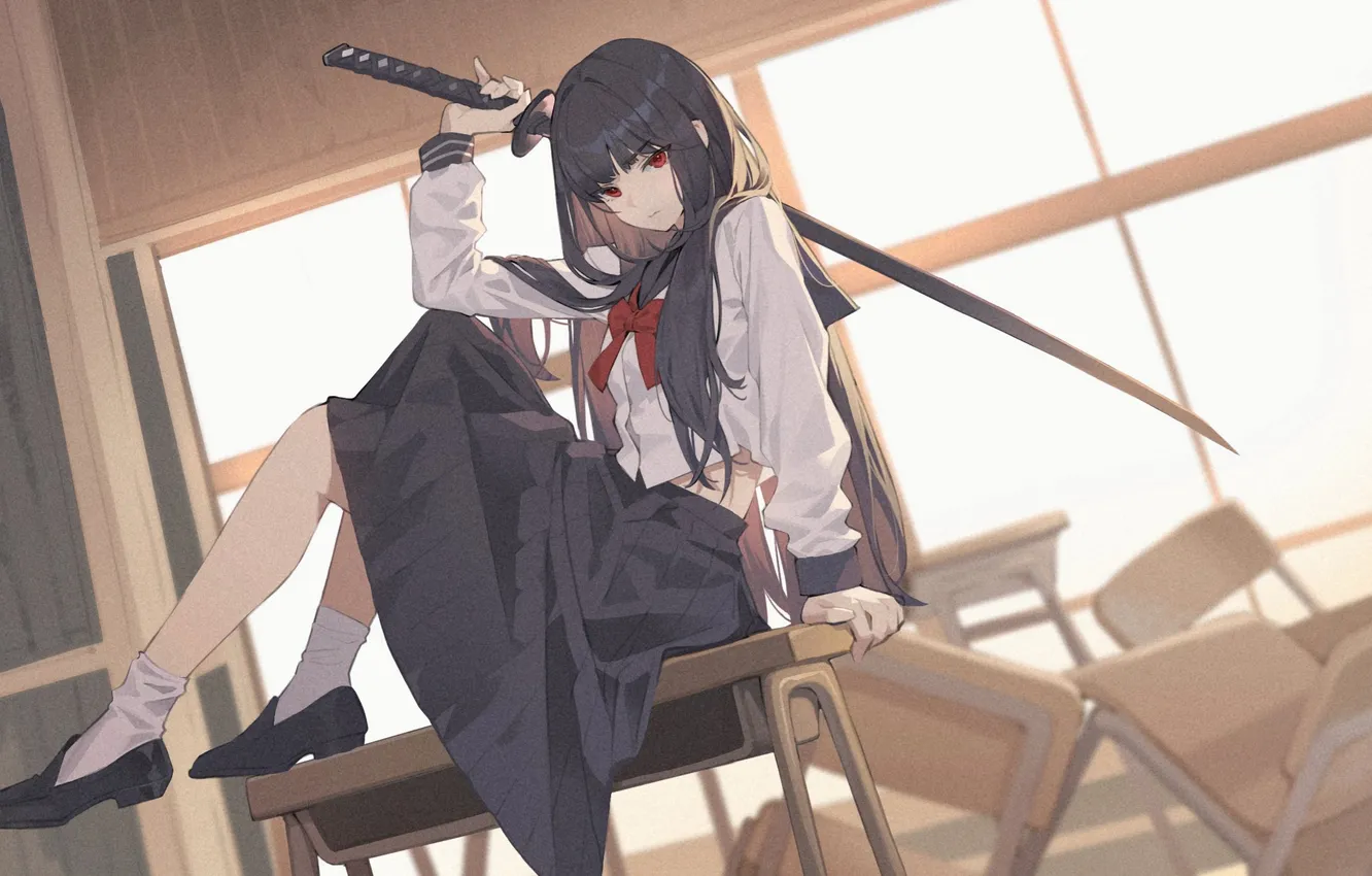 Фото обои оружие, катана, девочка, girl, Аниме, школьница, Anime, school uniform