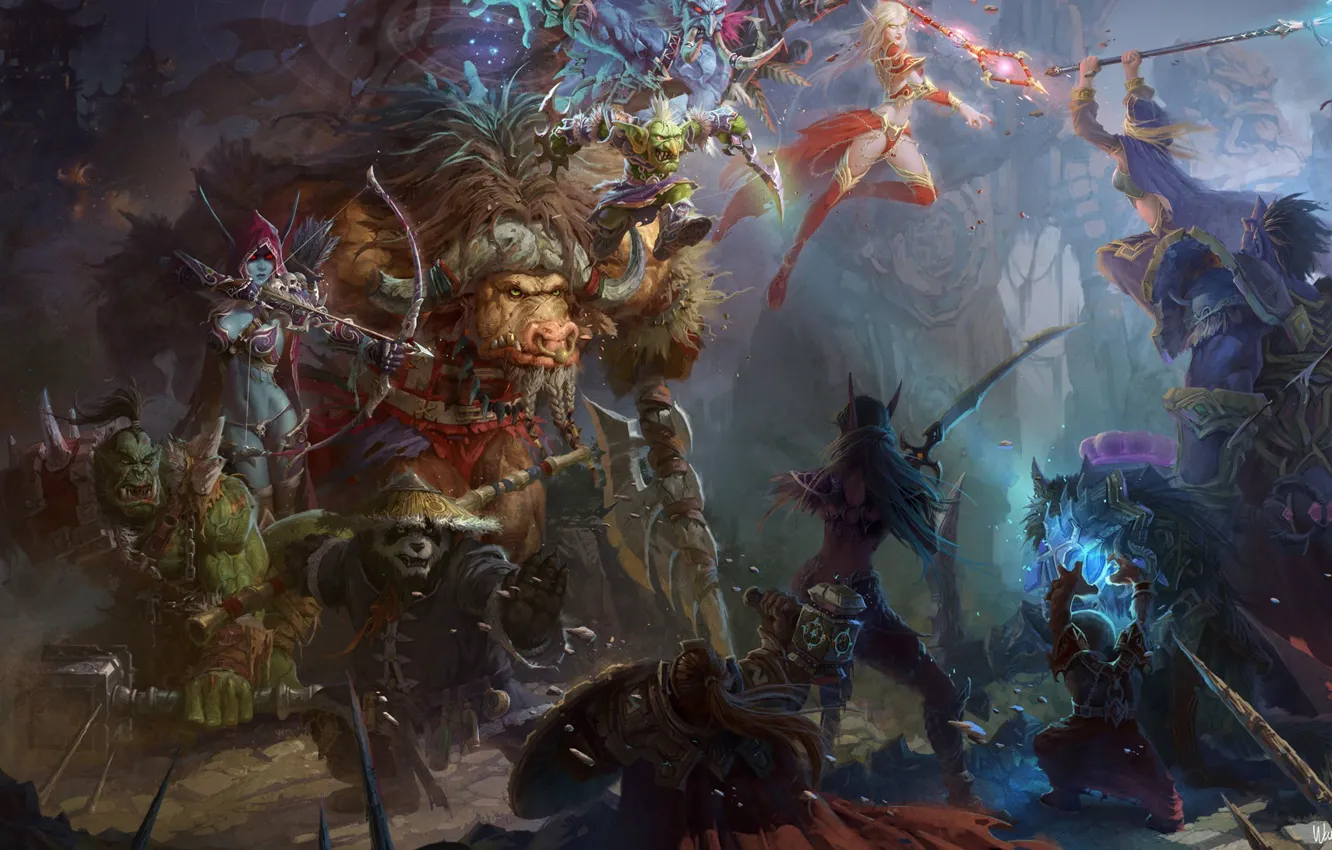 Фото обои оружие, арт, панда, World of Warcraft, битва, wow, персонажи, Mists of Pandaria