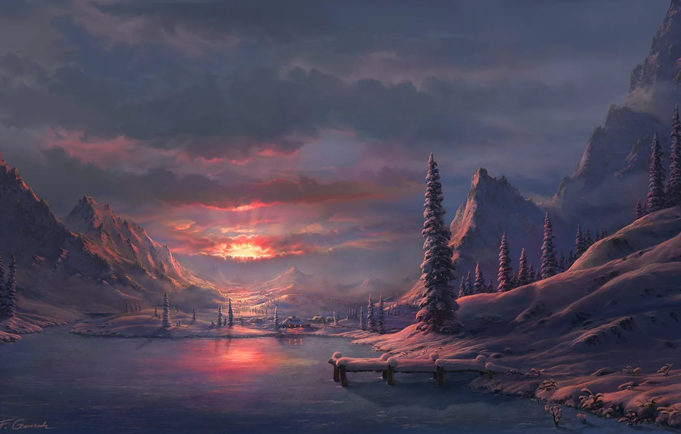 Фото обои зима, горы, озеро, рассвет, арт, Fel-X