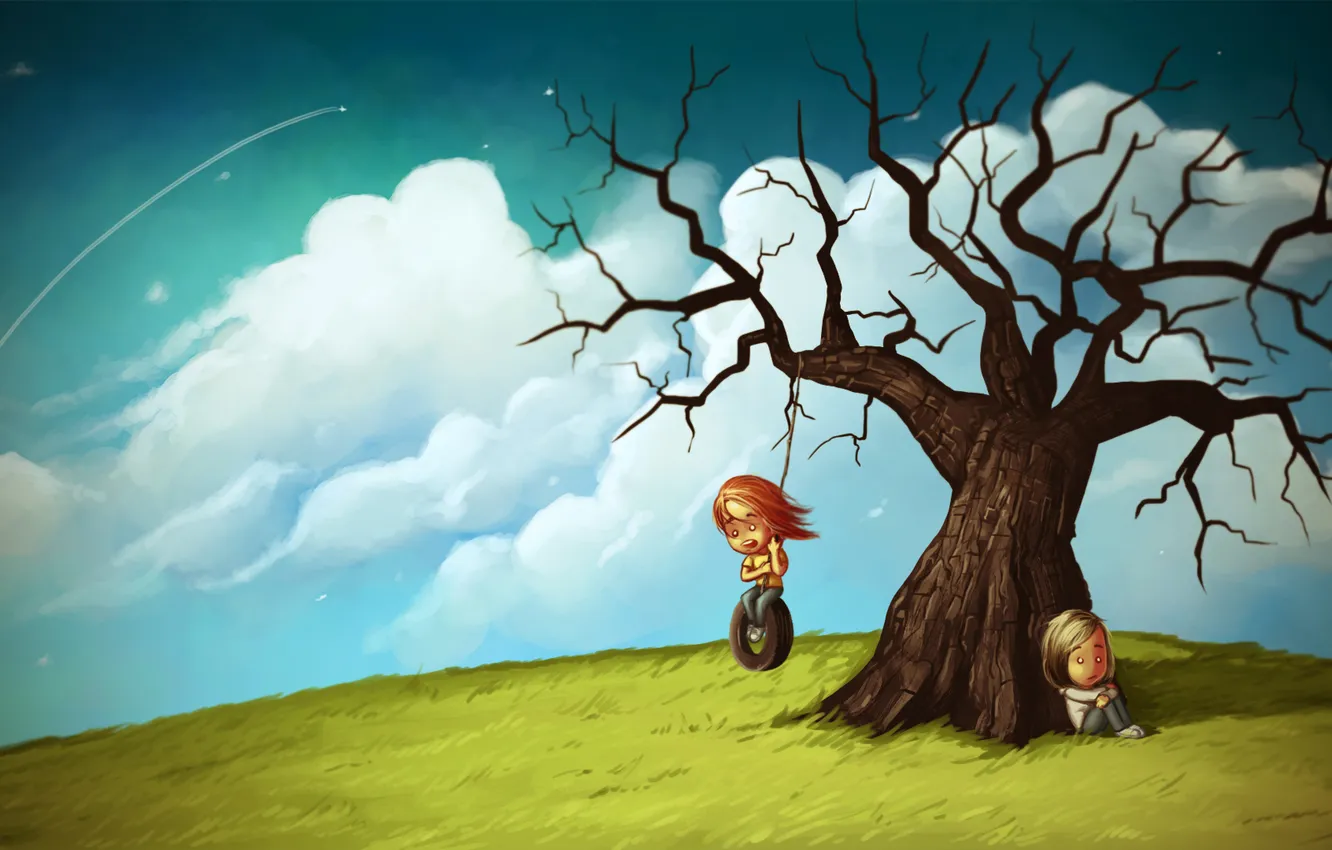 Фото обои небо, девушка, облака, дерево, настроение, art