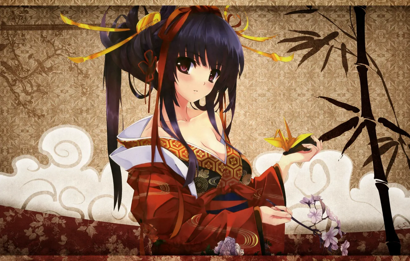 Фото обои девушка, узор, бамбук, прическа, кимоно, оригами