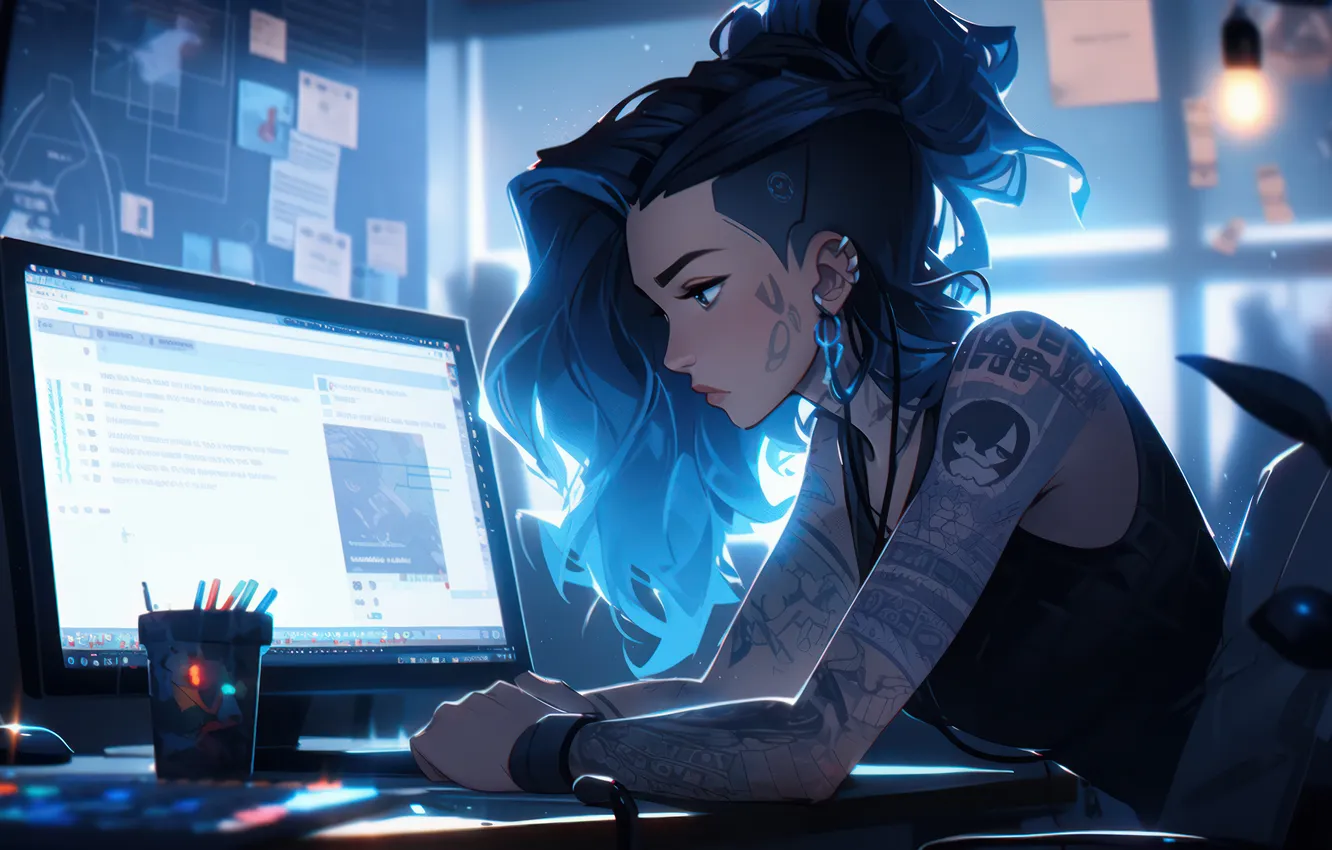 Фото обои Girls, Digital Art, Tattoo, AI Generated, Desktop Computer