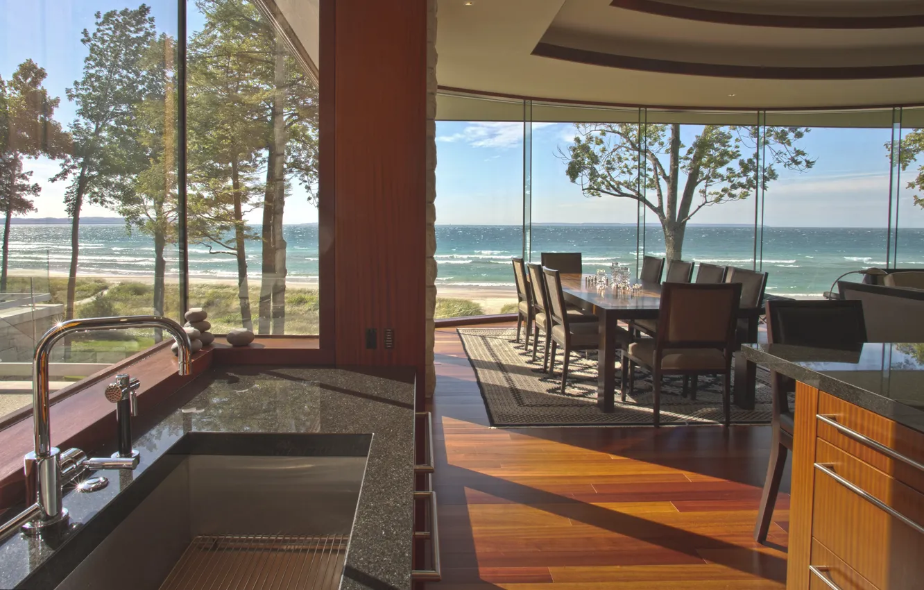 Фото обои дизайн, стиль, интерьер, кухня, столовая, by DesRosiers Architect, Lake Michigan House, overlooking Good Harbor Bay
