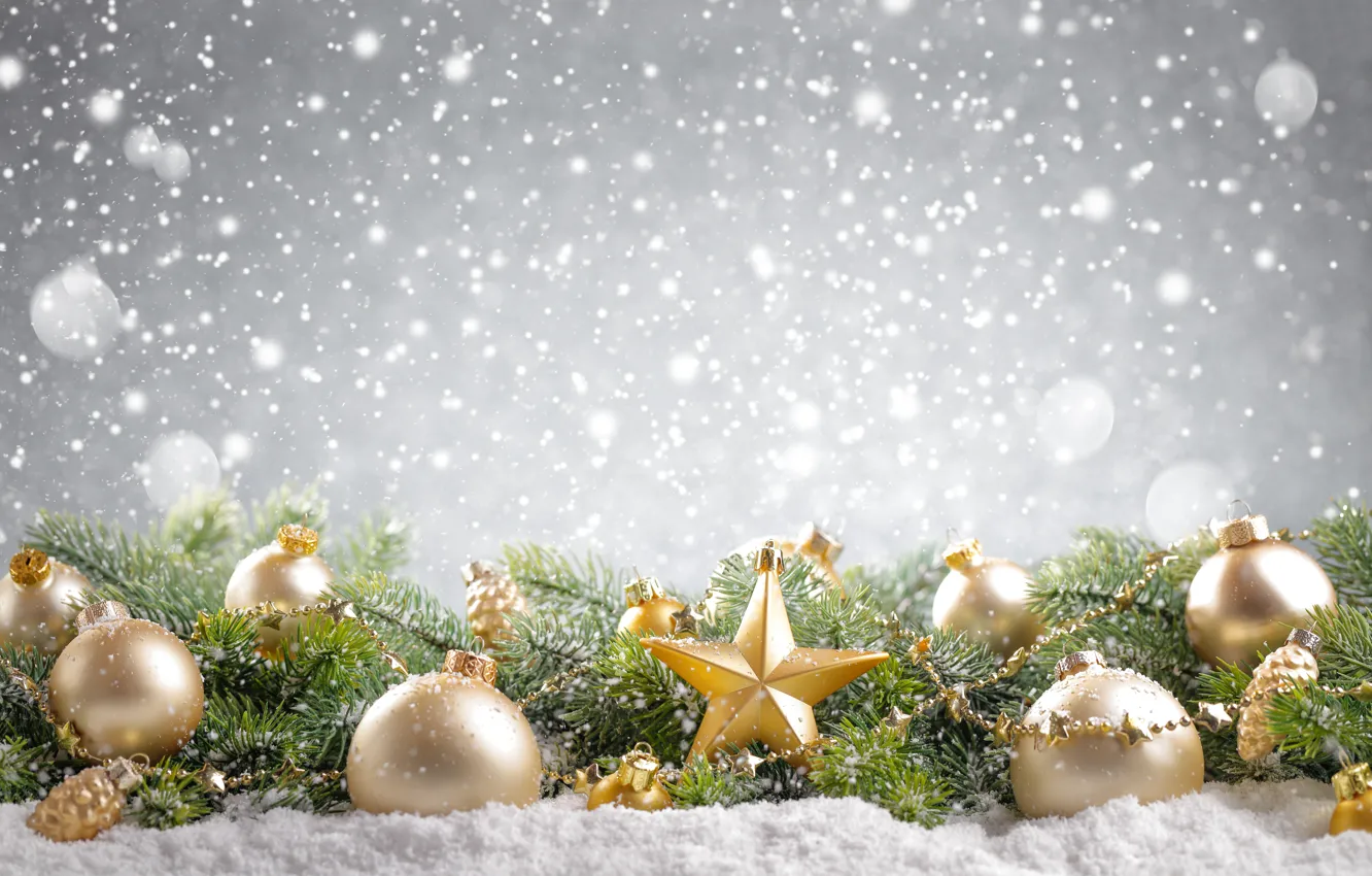 Фото обои зима, снег, украшения, шары, елка, Новый Год, Рождество, Christmas