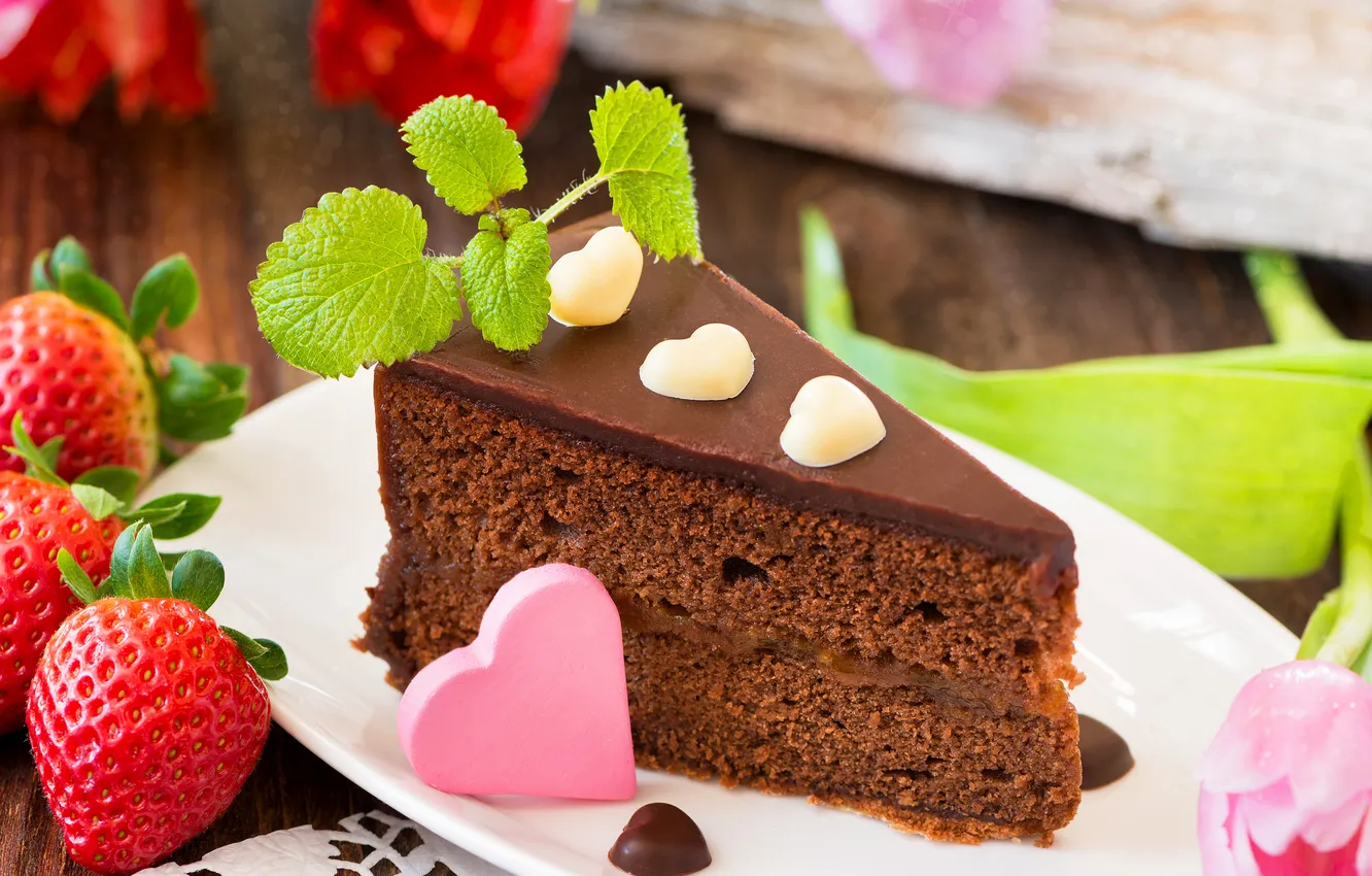 Фото обои сердце, шоколад, клубника, торт, пирожное, cake, мята, выпечка