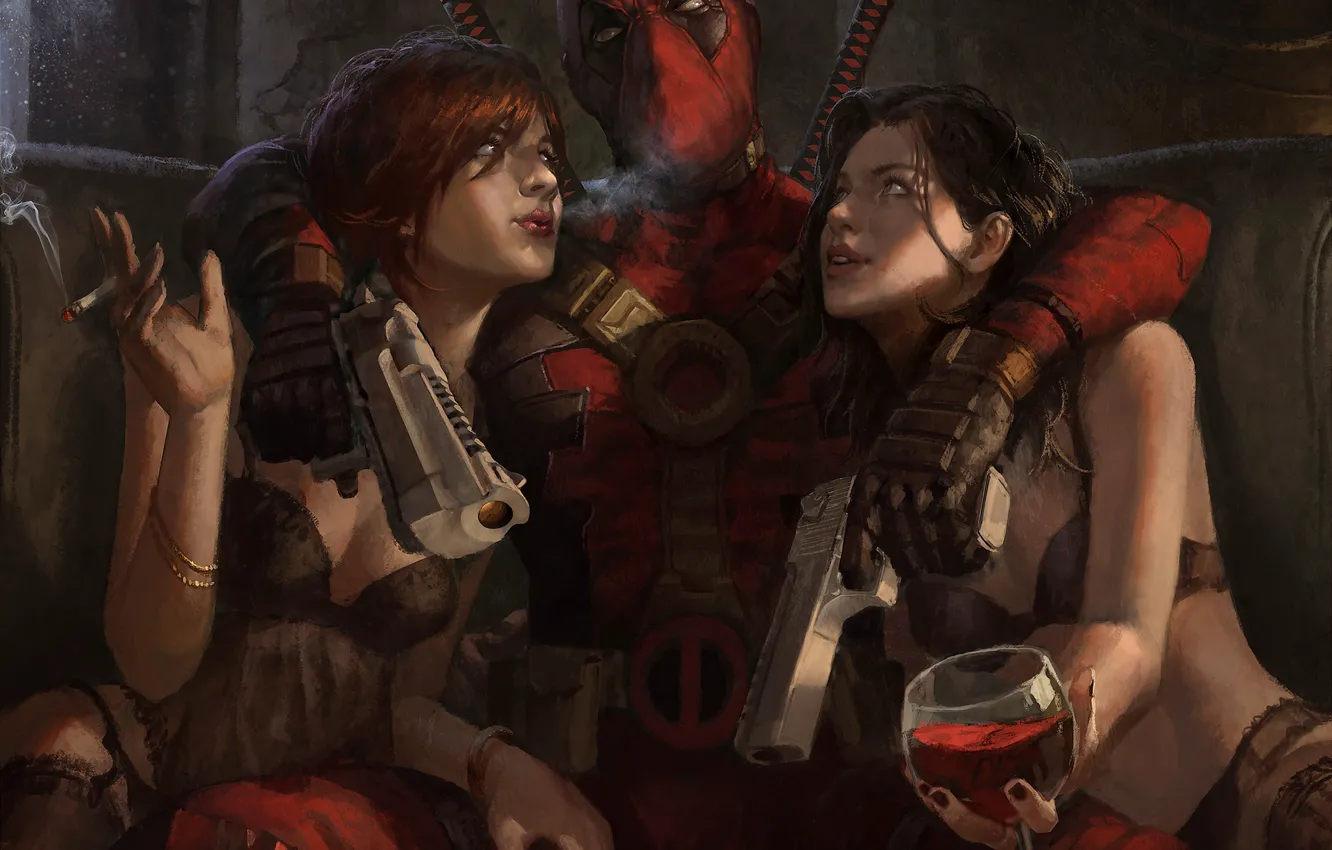 Фото обои взгляд, оружие, девушки, вино, маска, арт, сигарета, костюм