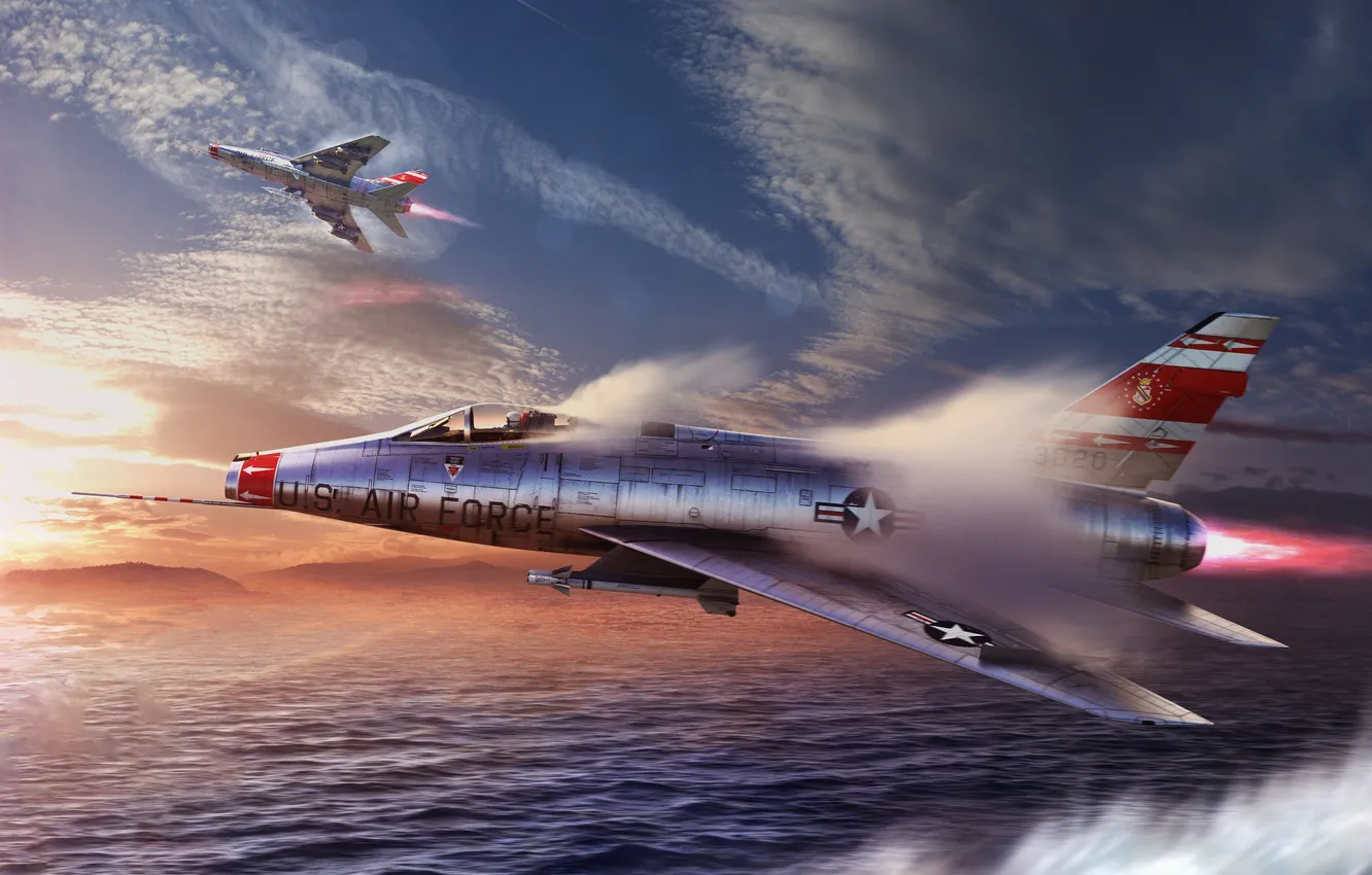 Фото обои Самолеты, Полет, Истребитель, США, ВВС США, Game, War Thunder, F-100 Super Sabre