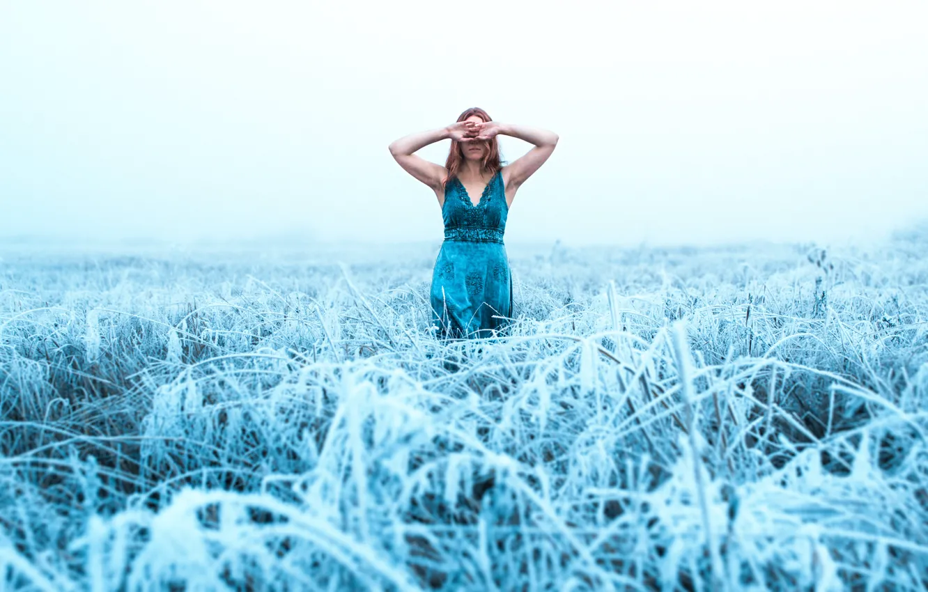 Фото обои холод, иней, трава, девушка, платье, Lizzy Gadd, The Winsome Winter