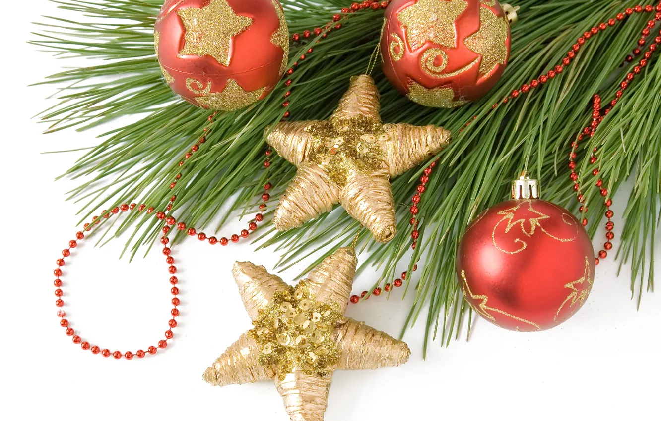 Фото обои звезды, шарики, шары, игрушки, елка, ветка, Новый Год, Рождество