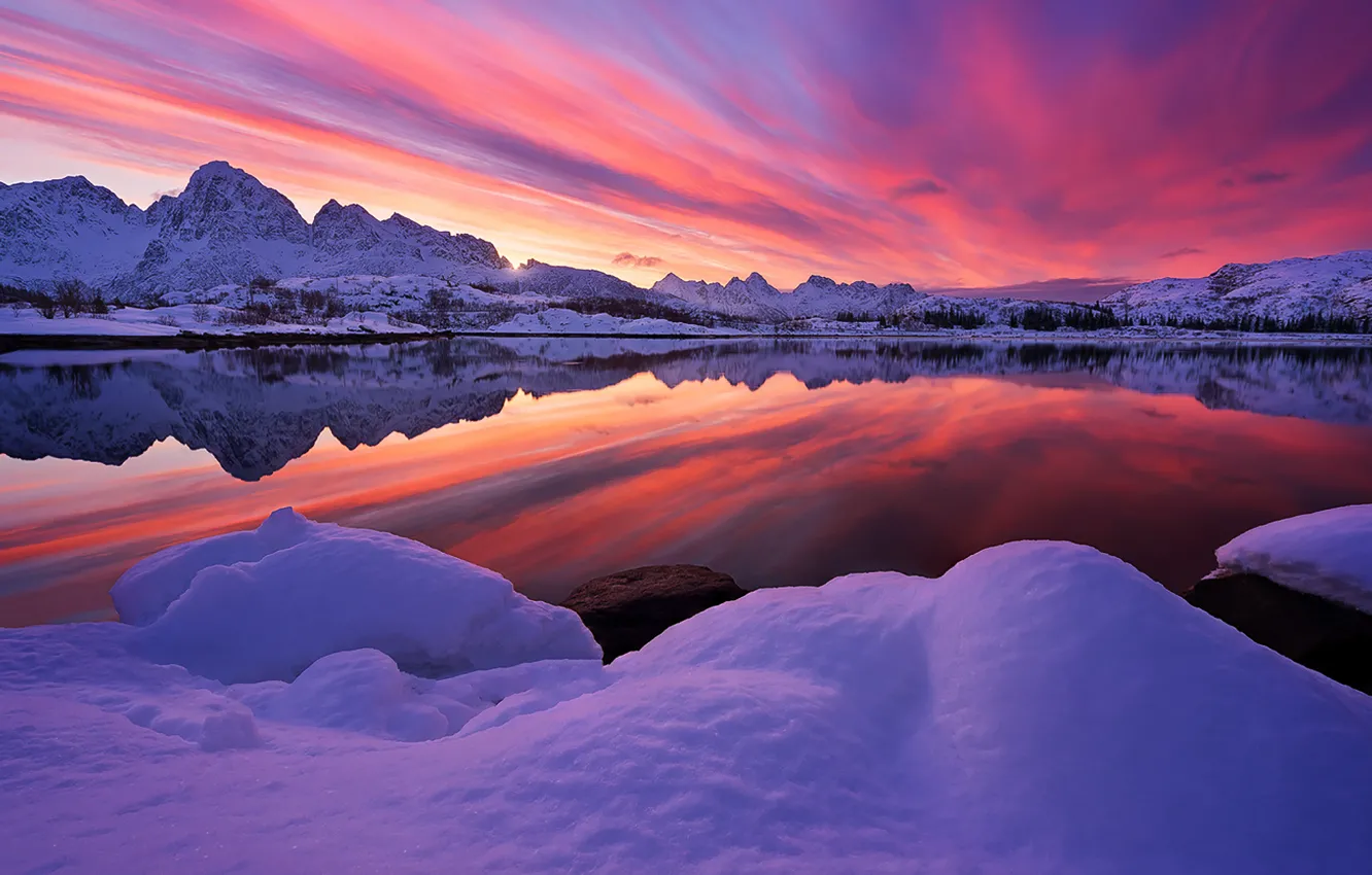 Фото обои Sky, Fire, Landscape, Sunset, Essence, Norway, Nice, Lofoten