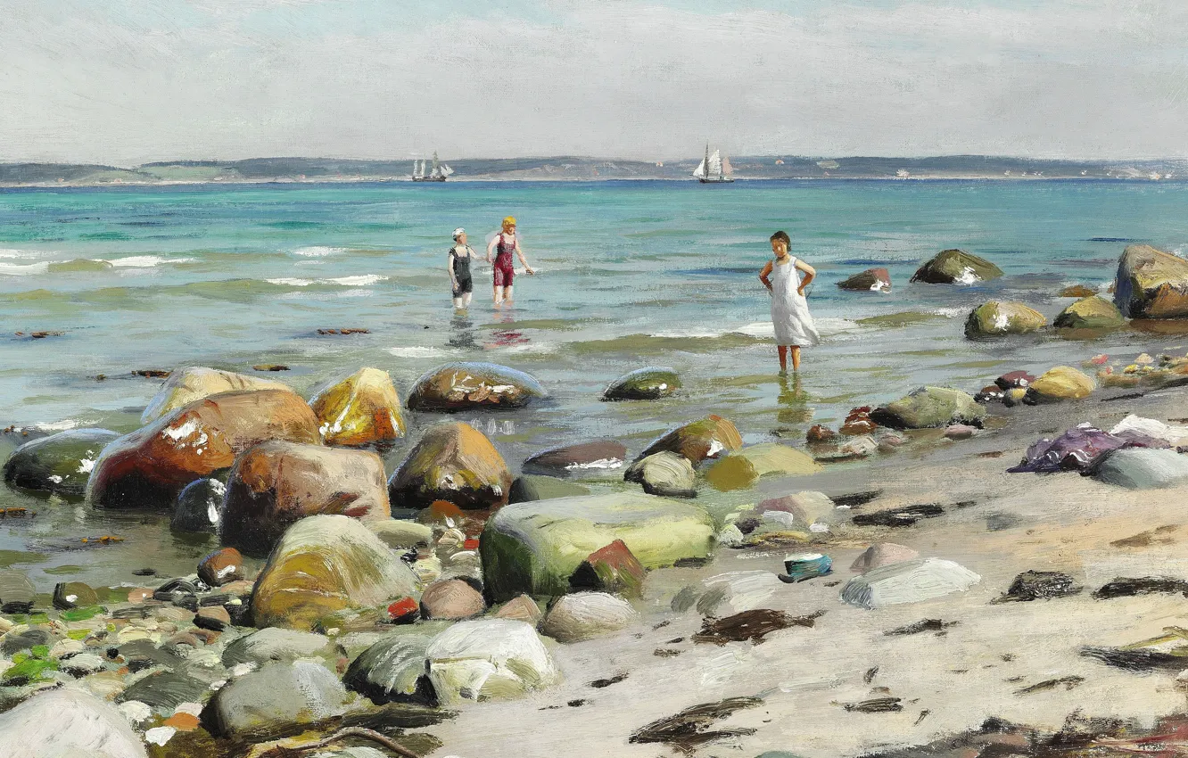 Фото обои датский живописец, 1921, Петер Мёрк Мёнстед, Peder Mørk Mønsted, Danish realist painter, Young women bathing …