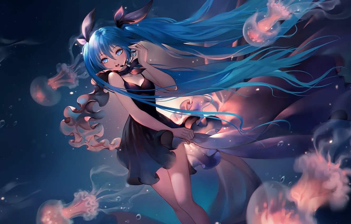 Фото обои медузы, Hatsune Miku, Anime, длинные волосы, вокалоид, синие волосы, персонаж, красивая девшука